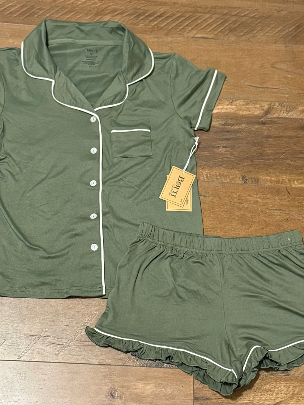 Born Olive Green Short Sleeve Pajama Set with White Piping